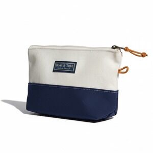 LL Bean Boat and Tote Canvas Zip Pouch Navy Blue Cream Small Accessory Bag USA